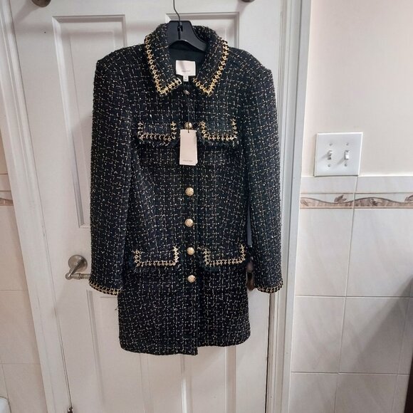 Cinq a Sept Sasha Black Gold Tweed Blazer Mini Dress - Picture 2 of 11